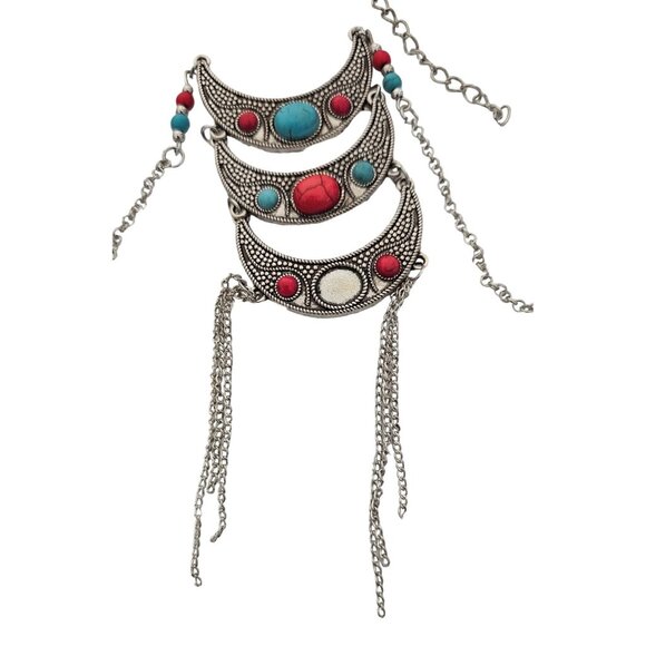 Bohemian Silver-Tone Crescent Pendant Necklace Turquoise & Red Beads 18" READ - Picture 1 of 6